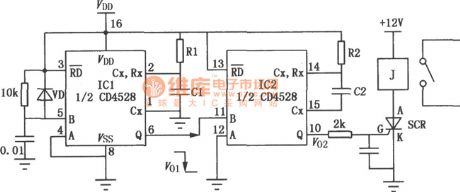 Time delay circuit diagram with monostable trigger CD4528