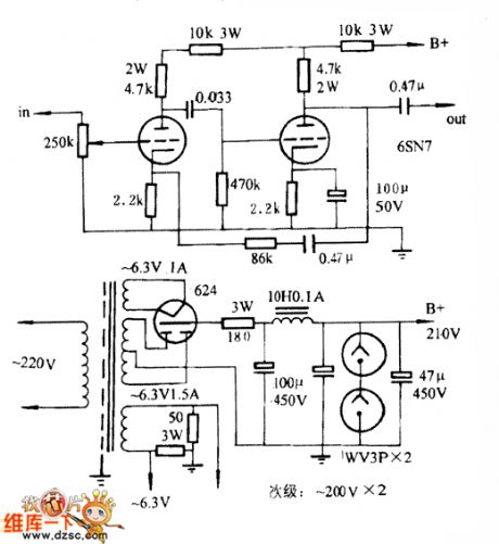 6sn7 electron tube preamp line circuit diagram