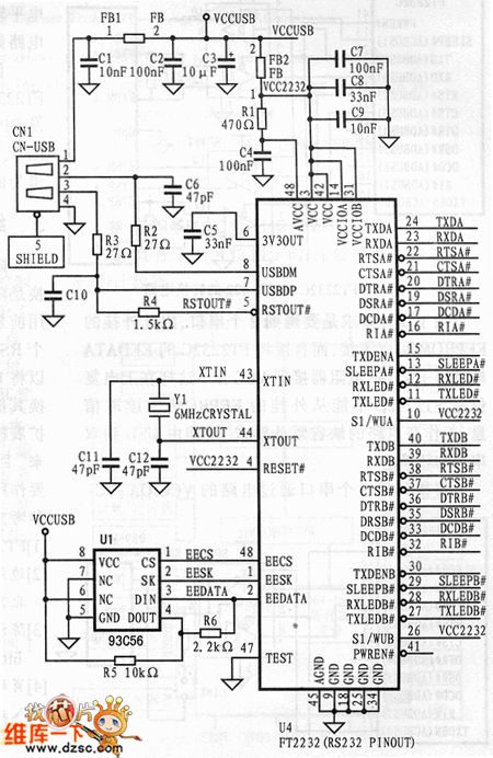 Configuration circuit diagram of conversion between USB and dual-port