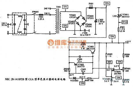 The power supply circuit diagram of NEC JB-1410P2B CGA single color dispaly