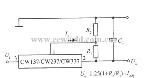 Standard application circuit of three terminal adjustable negative output voltage integrated regulator