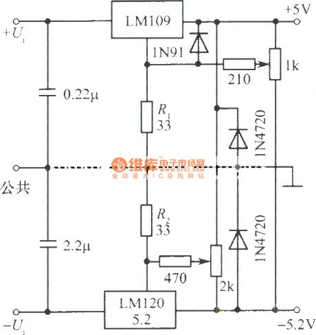 Trimming bistable regulated power supply composed of LM109, LM120