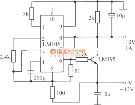 -10V, 1A regulated power supply composed of LM105 integrated regulator, LM195 power transistor