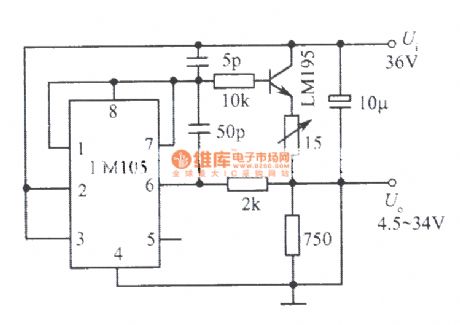 4.5~34V, 1A adjustable regulated power supply composed of LM105, LM195 integrated power tube