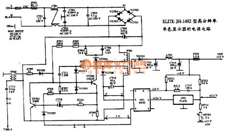 The power supply circuit diagram of ELITE JH-1492 type high resolution monochrome display
