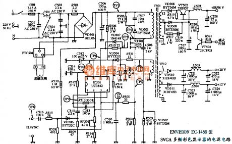 The power supply circuit diagram of ENVISION EC-1468 SVGA multiple frequency color display