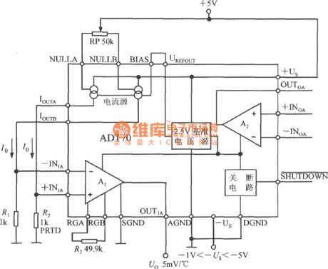 Platinum resistance signal conditioner ADT70 interior circuit diagram and typical application circuit diagram