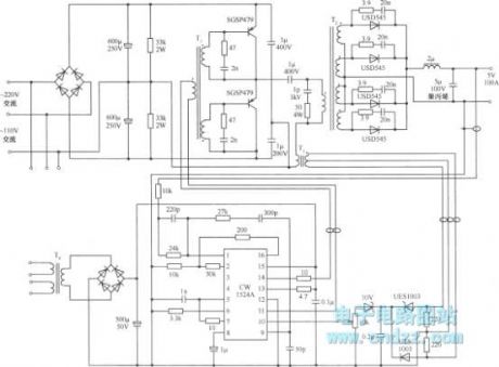 Half bridge type 500W switching stabilized voltage supply circuit composed of CWl525A