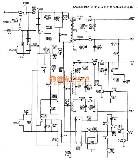 The power supply circuit diagram of CASPER TM-5158 type VGA color display