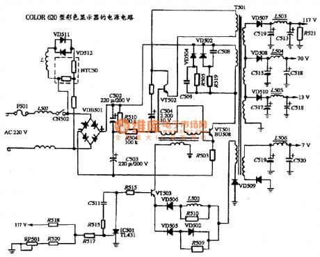 The power supply circuit diagram of COLOR 620 type color display