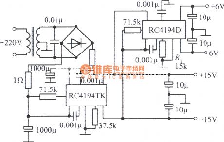 Double-symmetry regulated power supply composed of RC4194TK, RC4194D