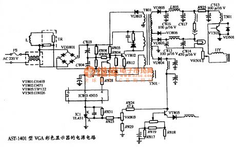 The power supply circuit diagram of AST-1401 type VGA color display