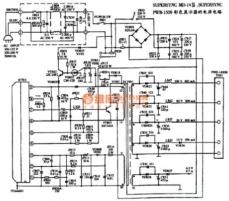The power supply circuit diagram of SUPERSYNC MD-14III, SUPERSYNC PWB-1509 type color display