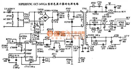 The power supply circuit diagram of SUPERSYNC OCT-14VGA type color display