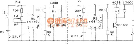 Intermittent timer circuit composed of two RS6445C long time timing integrated circuit