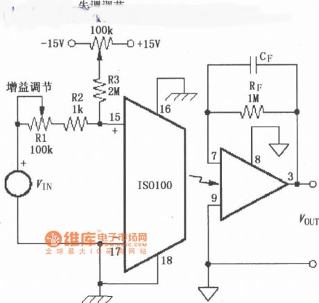 Unipolarity isolation test instrumentation amplification circuit composed of ISO100 with detuning adjustment