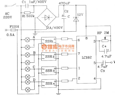 Drive high power color lamp control circuit composed of LC182 audio modulation color lamp control chip