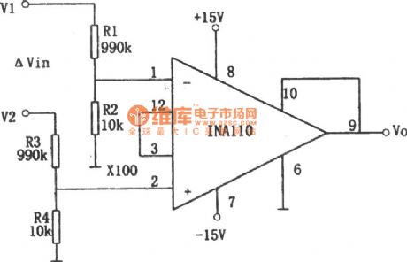 Common-mode voltage reaches + 1000V Differential amplifier circuit with INA110
