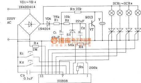 Color lamp control circuit composed of SH808 multifunction music color lamp program control integrated circuit