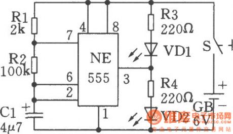Low frequency oscillator (flashing shine circuit) circuit 2 made by 555 time-base circuit
