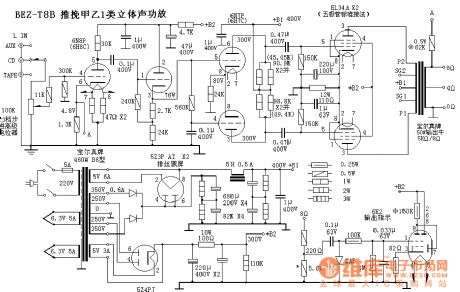 Push-pull AB class 1 stereo amplifier BEZ-T8B circuit