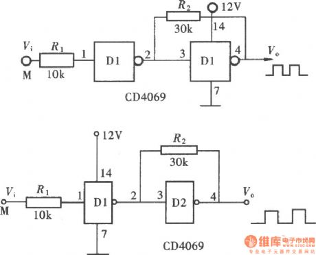 Pulse shaping circuit composed of gate circuit(CD4069)