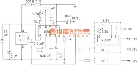 Single and multi-channel remote control transmitter and receiver circuit composed of TDC1808/1809 RF