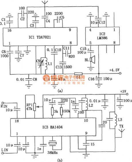 Circuit of Free Debug FM Transceiver composed of BA1404 and TDA7021