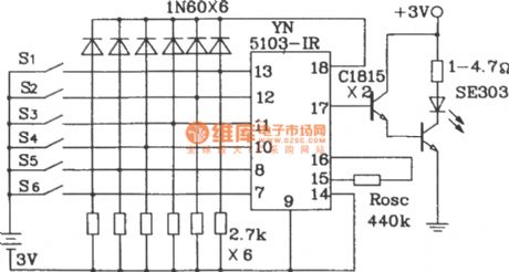 Composed of YN5103IR/YN5203 encoder decoder matching infrared remote control application circuit diagram
