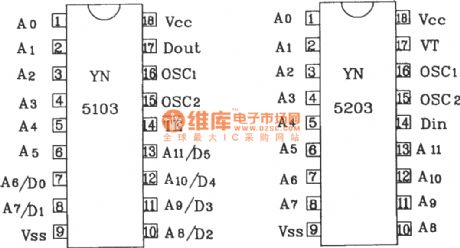Composed of YN5103IR/YN5203 encoder decoder matching infrared remote control application circuit diagram