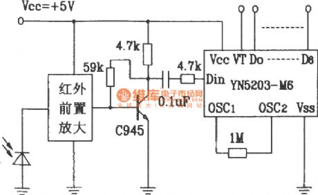 Composed of YN5103IR/YN5203 encoder decoder matching infrared remote control application circuit diagram