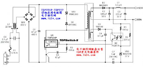 Application circuit of single chip switching power supply TOP221-TOP227