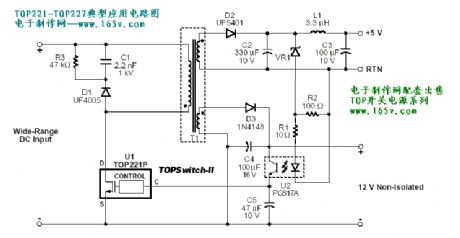 Application circuit of single chip switching power supply TOP221-TOP227