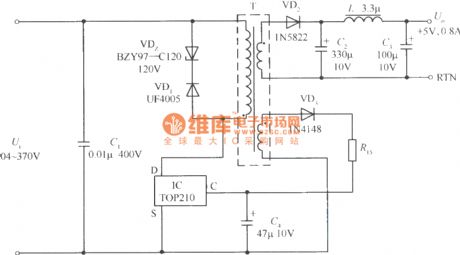 +5V 4W switching power supply circuit composed of single chip TOP210