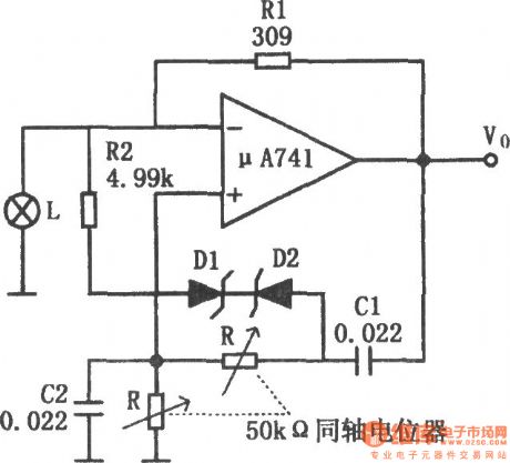 Audio oscillator with adjustable frequency composed of μA741