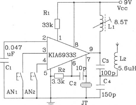 Four-action RF remote transmitter and receiver circuit composed of KIA6933S／6957P
