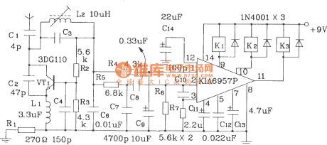 Four-action RF remote transmitter and receiver circuit composed of KIA6933S／6957P