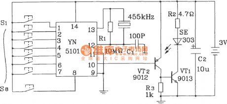 YN5101/5201 Multi-channel infrared remote control encoder and decoder typical application circuit diagram