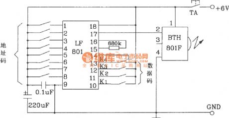 Transmitter and receiver circuit composed of BTH-801F/801J infrared remote control transmitter and receiver module