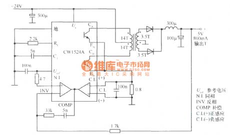 Step-down chopper type switching power supply circuit composed of CWl524A