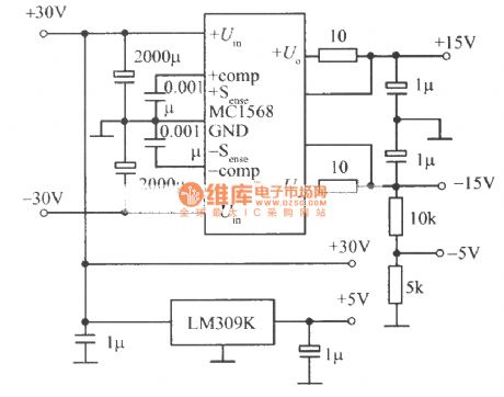 Multi-channel regulated power supply composed of MC1568, LM309K