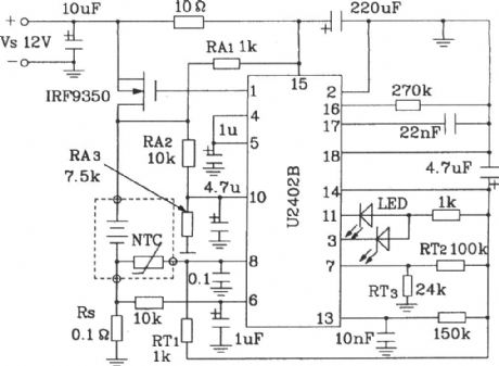 Typical application circuit of U2402B intelligent battery fast charge control chip