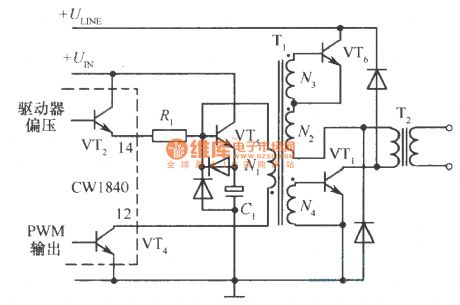 CWl840 driving two transistors single-ended forward transformation type switching regulator circuit