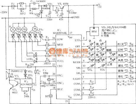 BA5104/BA8207K multi-function infrared remote control electric fan with the sound of crickets circuit diagram