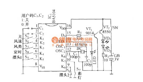 BA5104/BA8207K multi-function infrared remote control electric fan with the sound of crickets circuit diagram