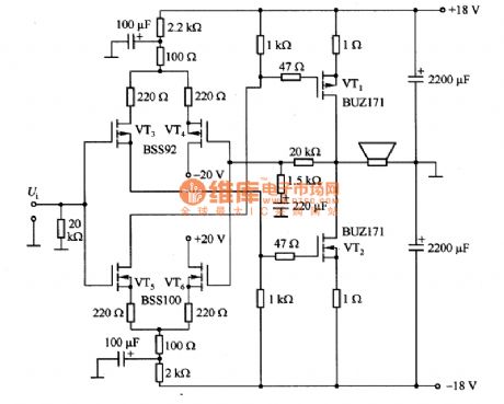 Composed of MOSFETT symmetrical power amplifier circuit diagram