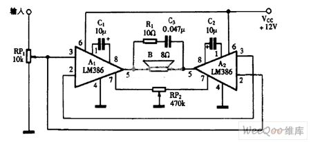 Using LM386 as BTL amplifier circuit diagram