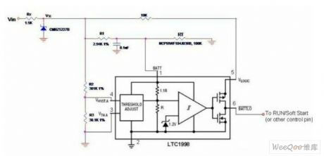 Low-cost thermal protection circuit diagram with adjustable temperature limit and programmable hysteresis voltage