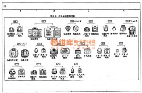 TOYOTA COASTER coach harness-to-harness connector(body cluster) circuit wiring circuit diagram