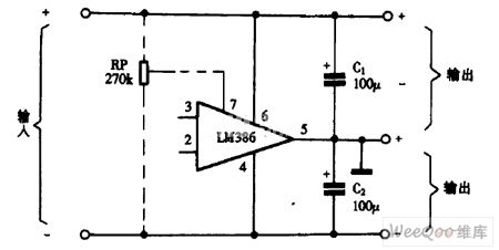 Using LM386 as low-power positive and negative regulated power supply circuit diagram